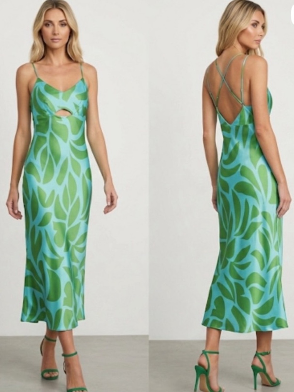 House of Harlow 1960 Aqua Blue and Green Lime Leaf Slip Midi Dress Straps